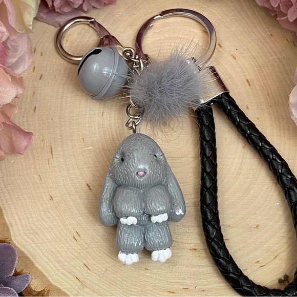 Gray Bunny Charm Keychain with Wristlet Strap - Picture 8 of 13